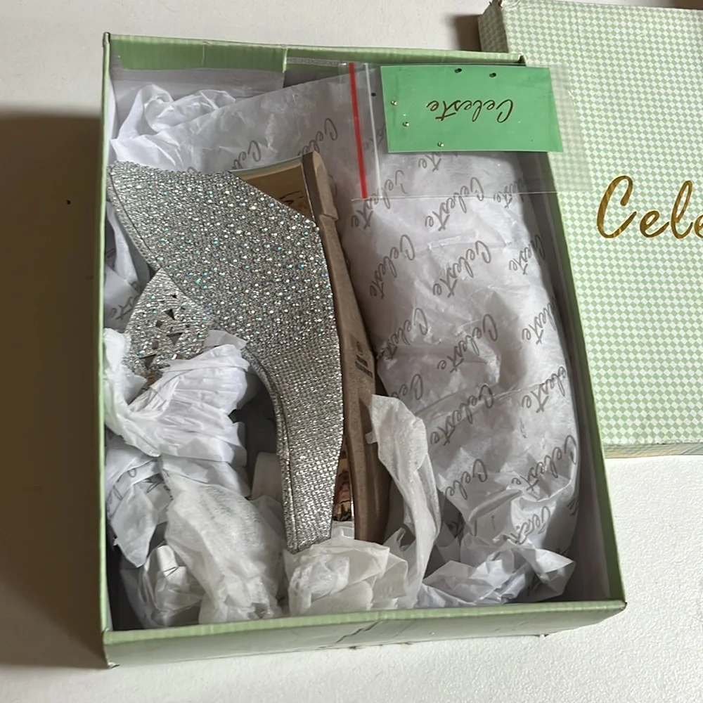Celeste size 10 silver embellished sandal Extra sequins 3.5”wedge heel